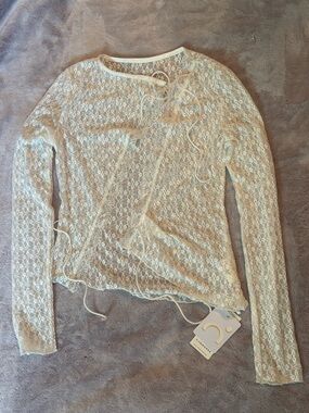 Commense ivory lace long-sleeve tie-front top
